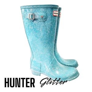 HUNTER Aqua Blue Glitter Buckle Pull On Outdoor Mud Rain Farm Boots Girls 4Y